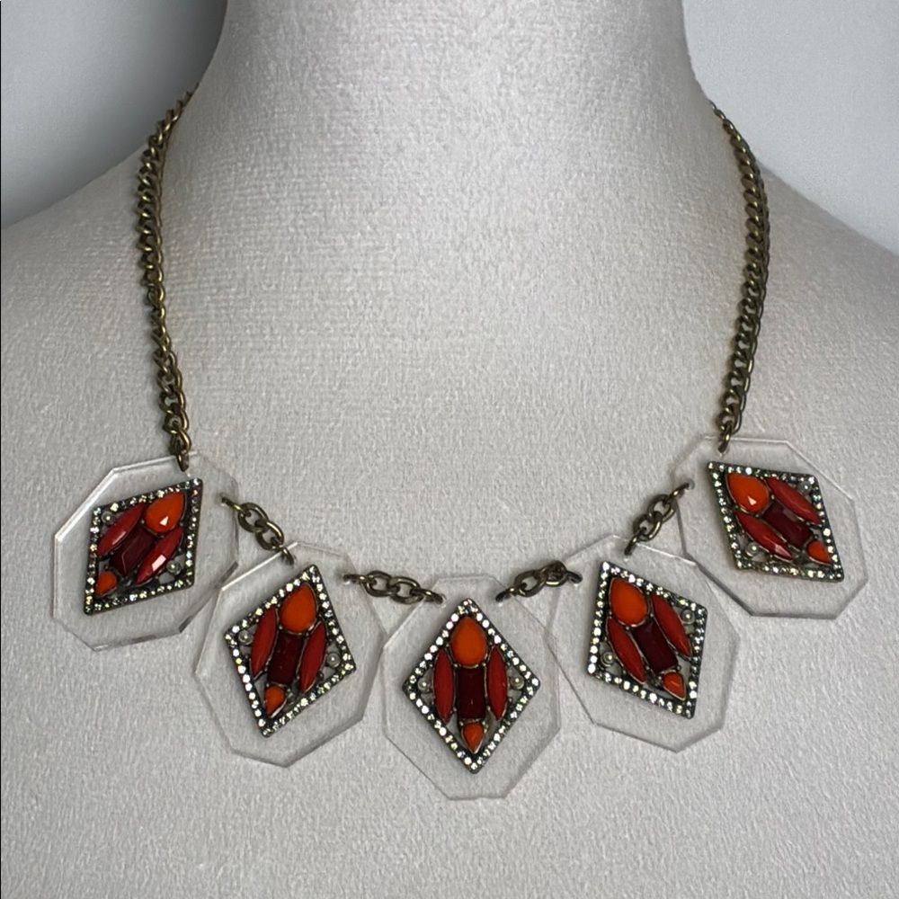 J. Crew Elegant Red and Gold Tone Geometric Necklace - Acrylic, Rhinestones